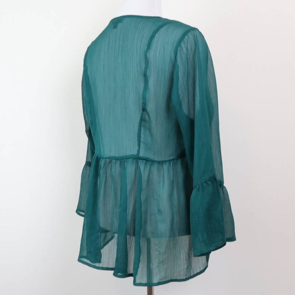 Torrid Size 0 L Babydoll Chiffon Blouse Bell Sleeve Lace-Up Green - Picture 6 of 12